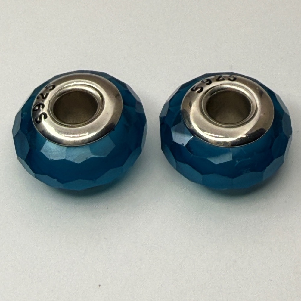 New Deep Teal Faceted Glass Charms Sterling Core – Pair